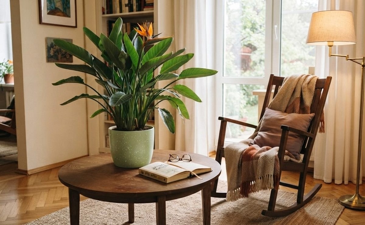 Blooming Bird of Paradise on a coffee table in a cozy living room
