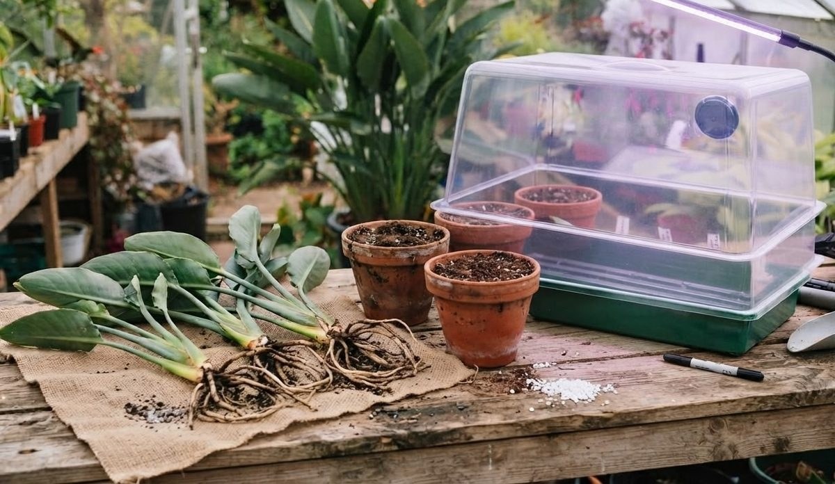 Bird of Paradise rhizome divisions with roots laid out on burlap next to small pots