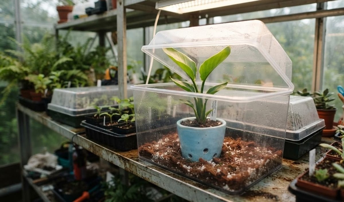 Small Bird of Paradise division potted in blue ceramic under a humidity dome in a greenhouse