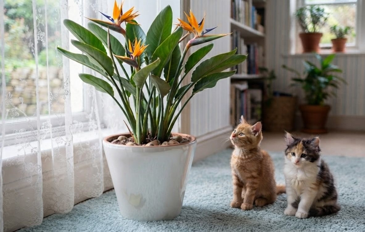 Two kittens sitting next to a blooming Bird of Paradise plant on a rug