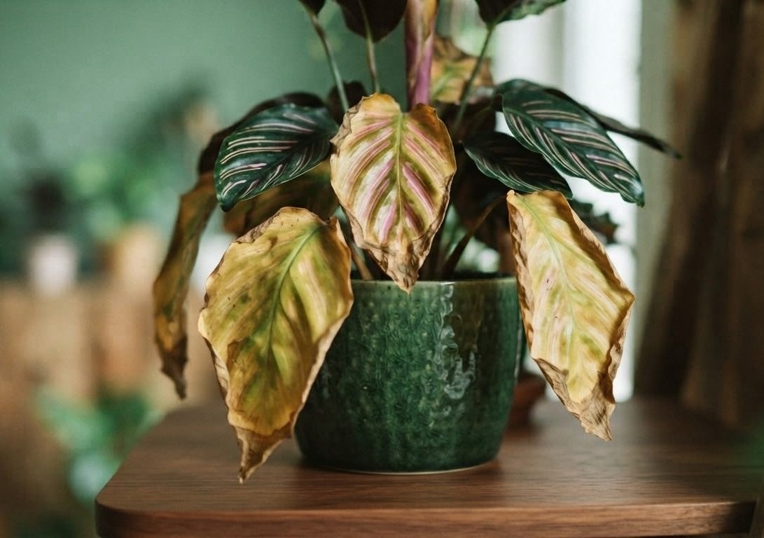 Calathea ornata with brown crispy leaf tips and edges in a green pot