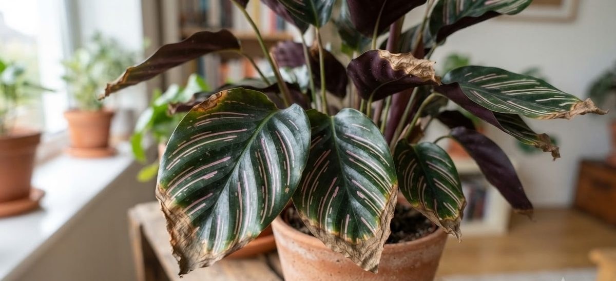Calathea ornata with dark purple leaves showing brown dried edges on a windowsill