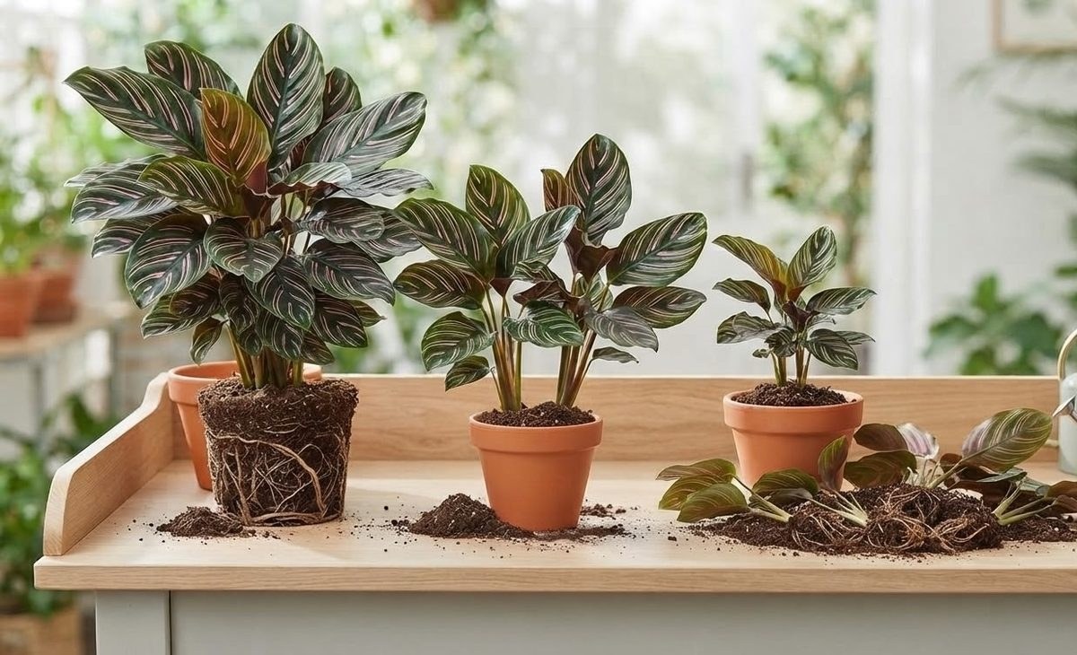 Three Calathea ornata divisions of different sizes being repotted into terracotta pots