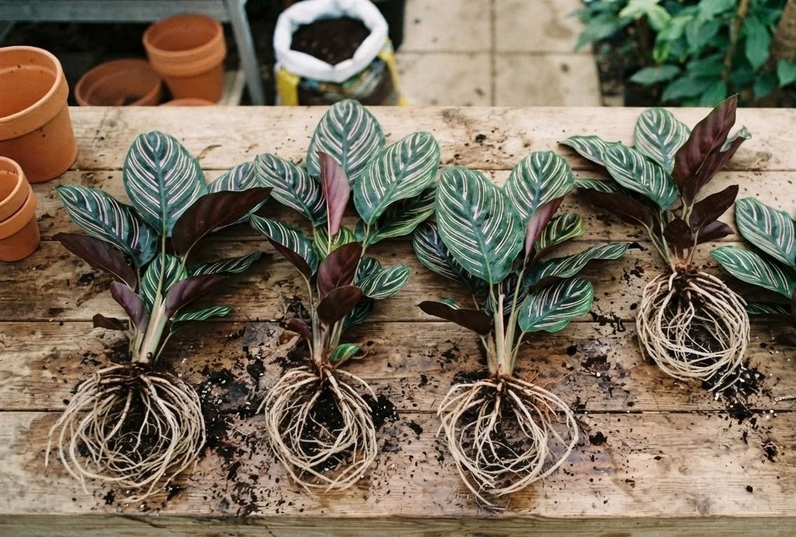 Four Calathea ornata plants divided at the roots with root balls exposed on a wooden table