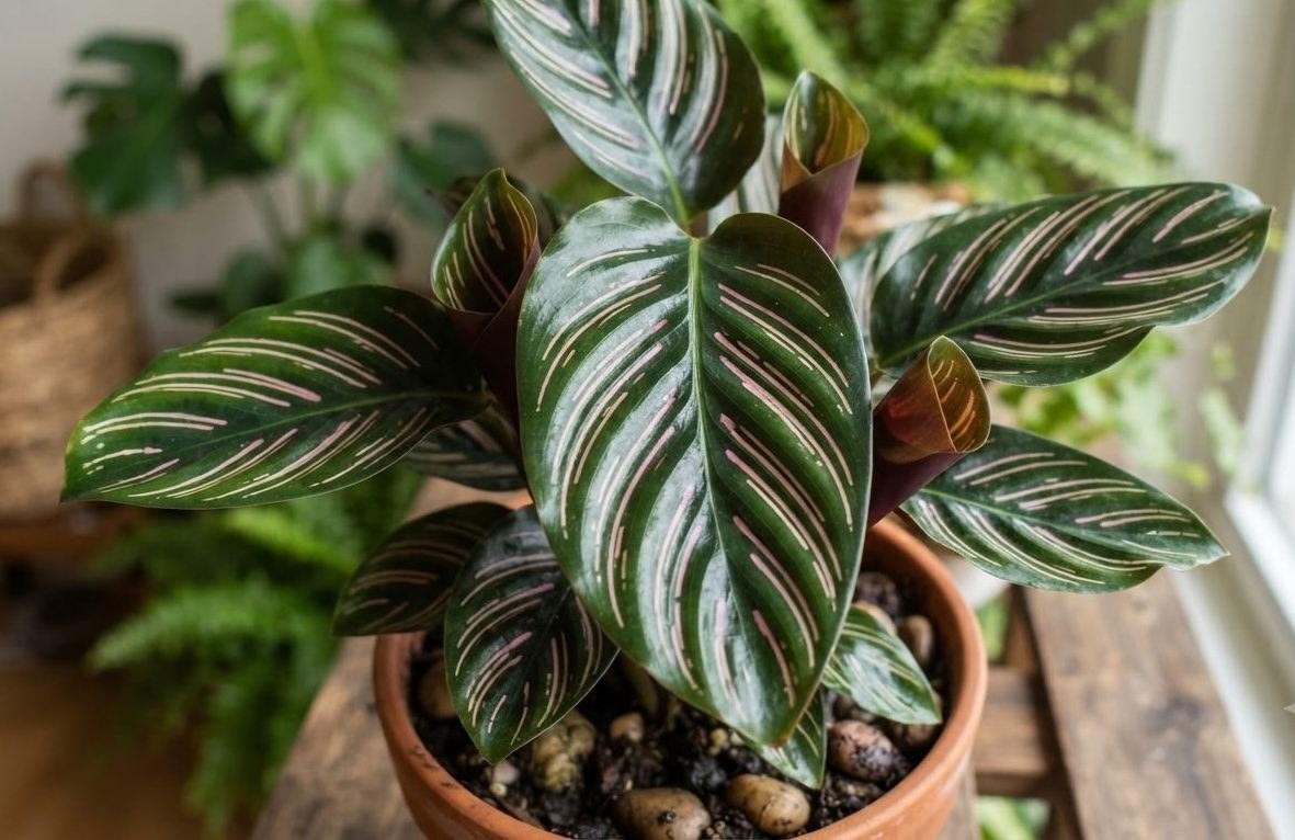 Calathea ornata plant on a side table in front of a sage green wall