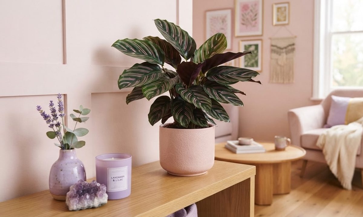 Calathea ornata with striped leaves in a pink pot in a living room