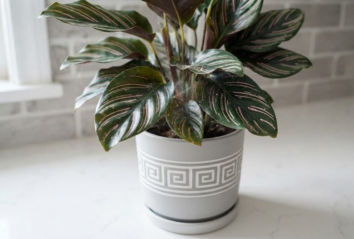 Calathea ornata leaves with fine spider mite webbing in a Greek key patterned pot