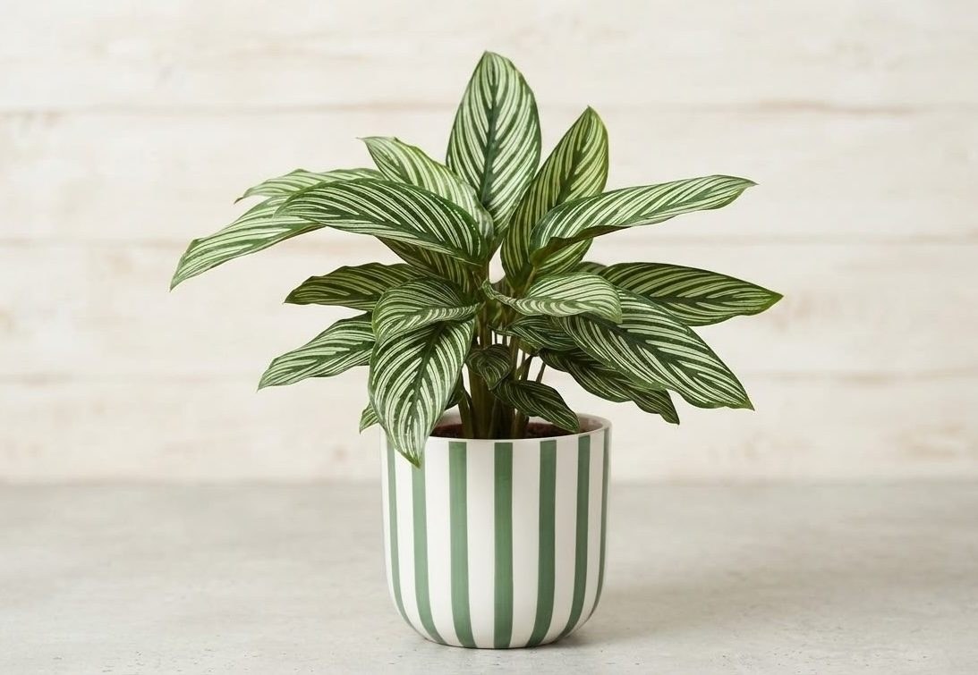 Calathea ornata in a green and white striped pot against a neutral background