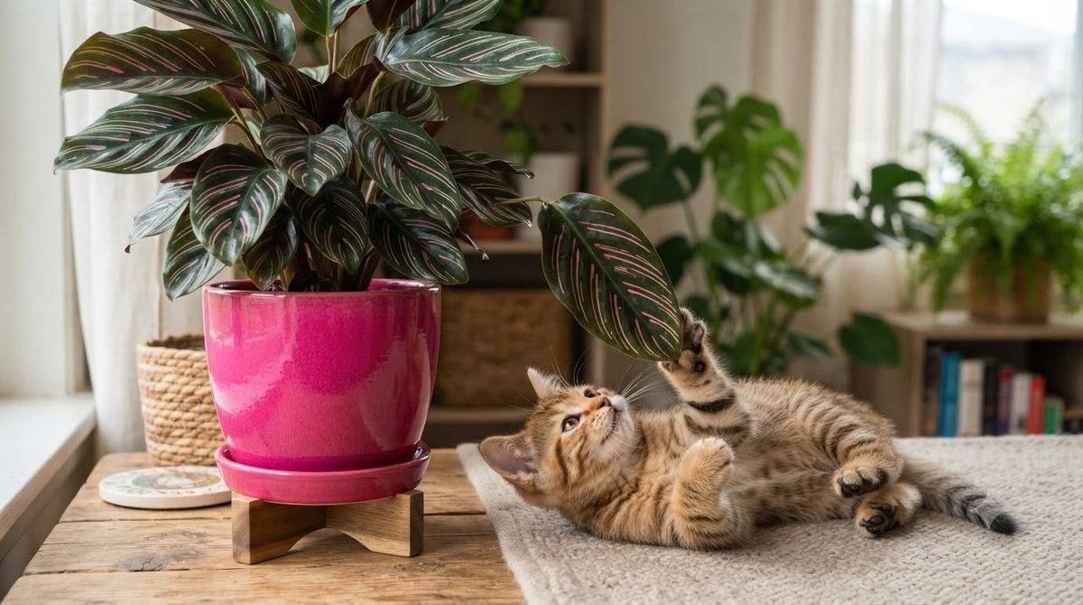 Orange cat sleeping next to a Calathea ornata plant with dropped leaves nearby