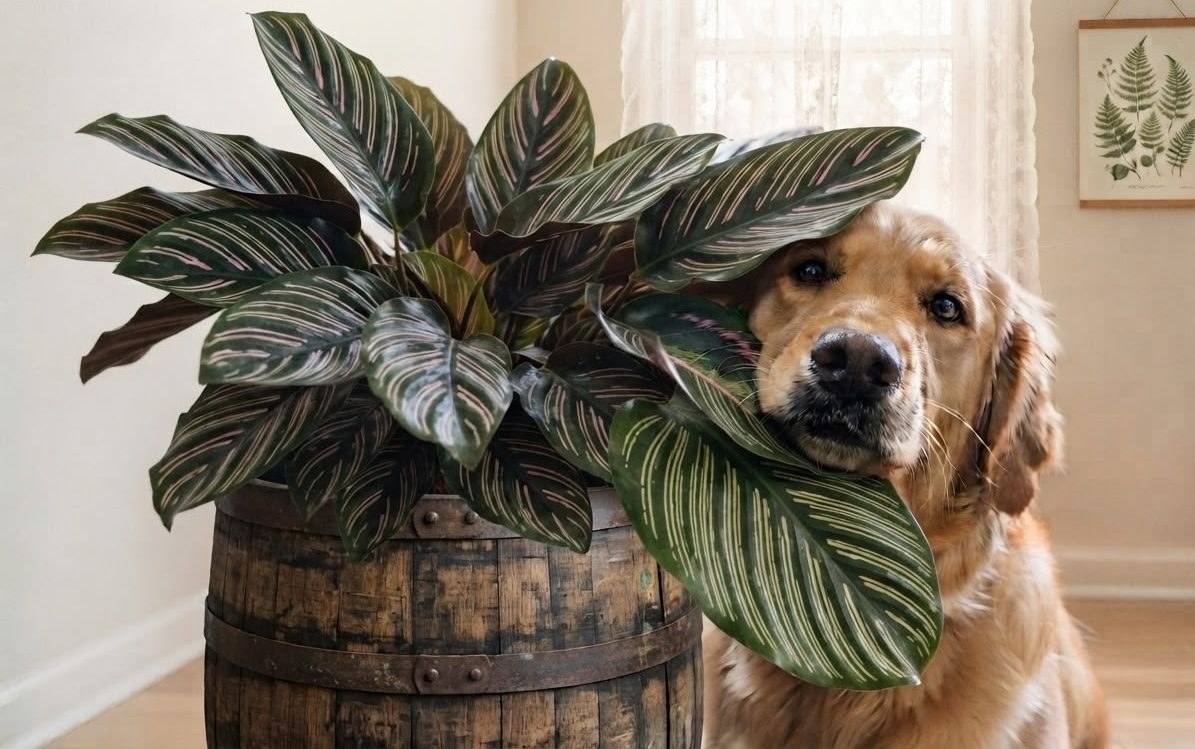 Golden retriever chewing on a Calathea ornata leaf in a wooden barrel planter
