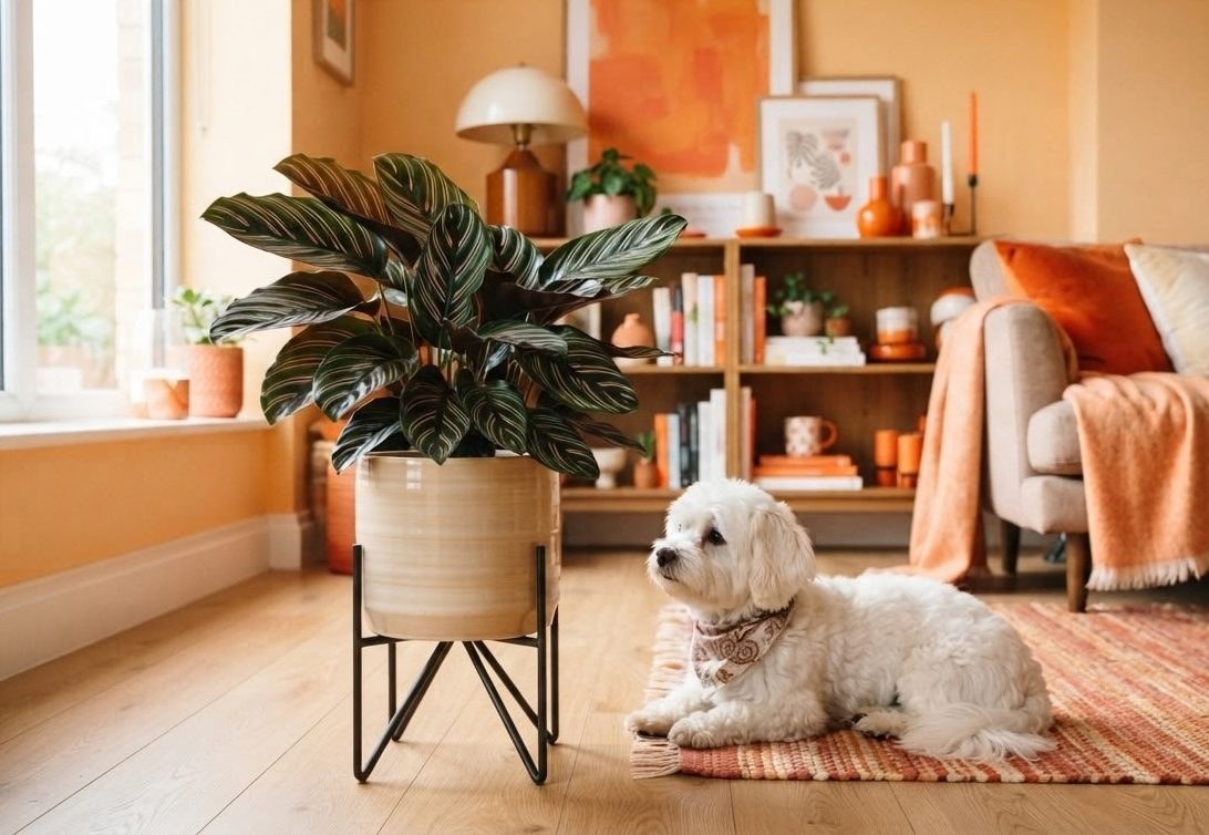 White fluffy dog sitting next to a Calathea ornata plant in an orange living room