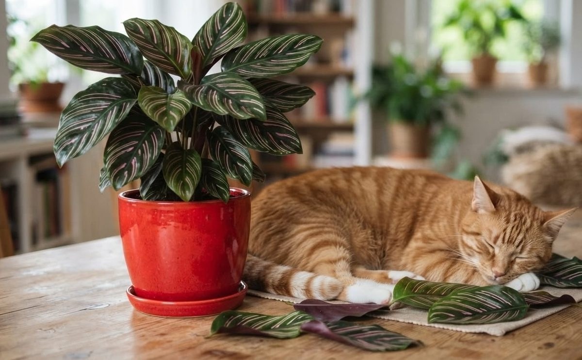 Kitten reaching up to touch a Calathea ornata leaf in a pink pot