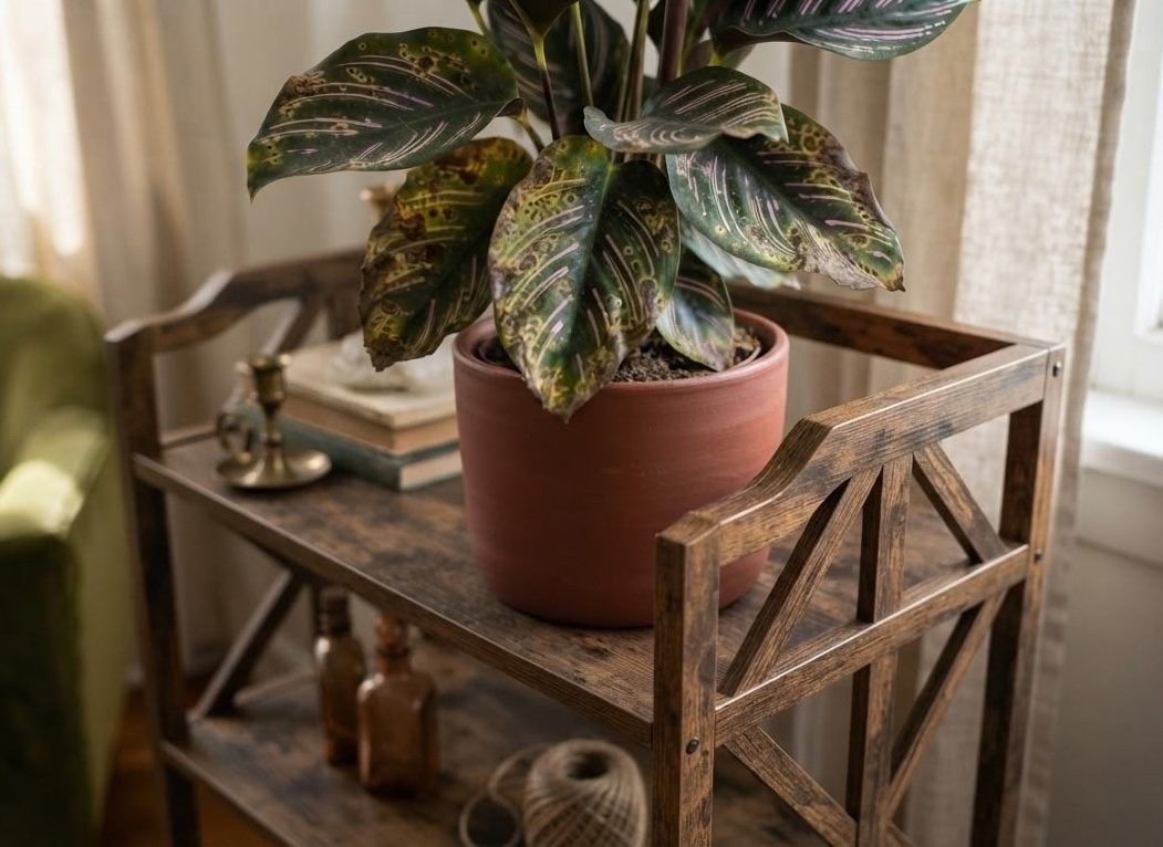 Calathea ornata plant with mottled leaves on a rustic wooden shelf