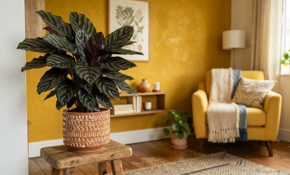 Calathea ornata plant on a wooden stool in a mustard yellow living room
