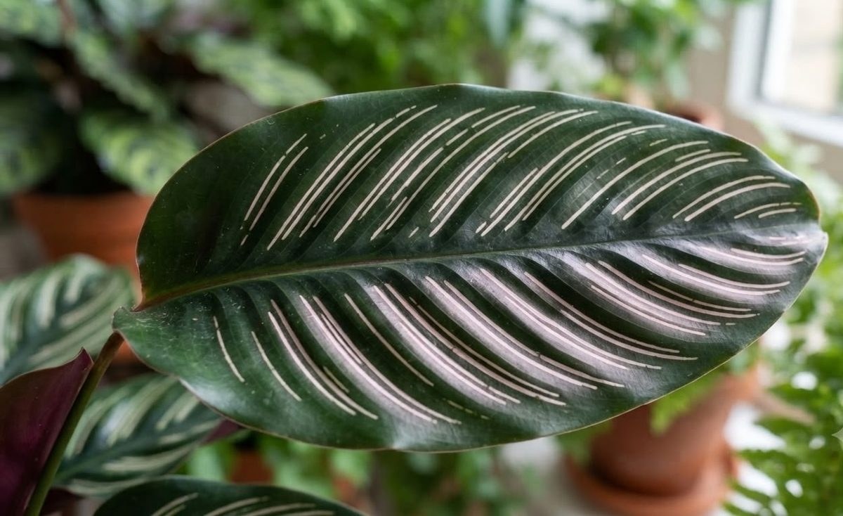 Young Calathea ornata plant with new unfurling leaves in a terracotta pot
