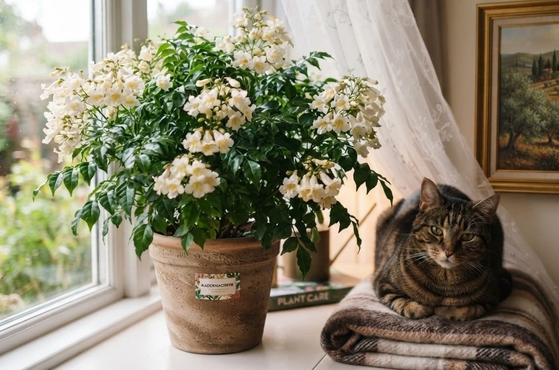 Blooming Radermachera sinica with white flowers in a labeled terracotta pot next to a cat