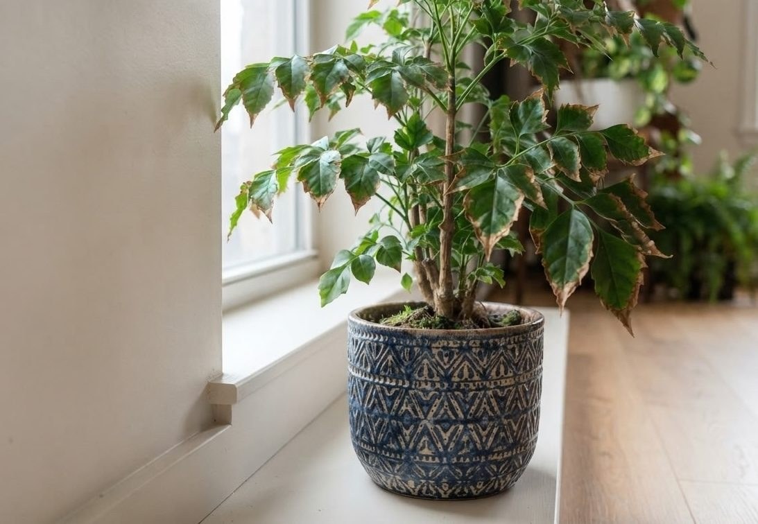 China doll plant with brown crispy leaf edges in a blue patterned pot