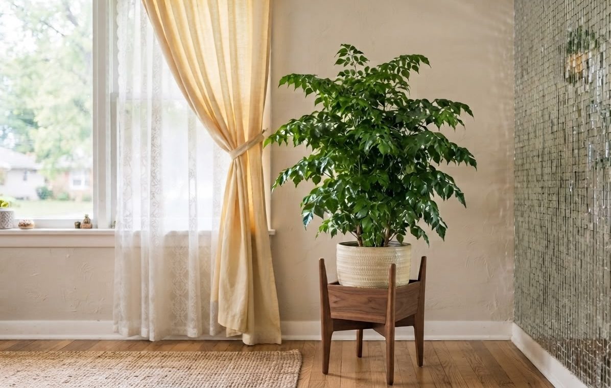 China doll plant with glossy compound leaves in a woven basket planter on a wooden stand