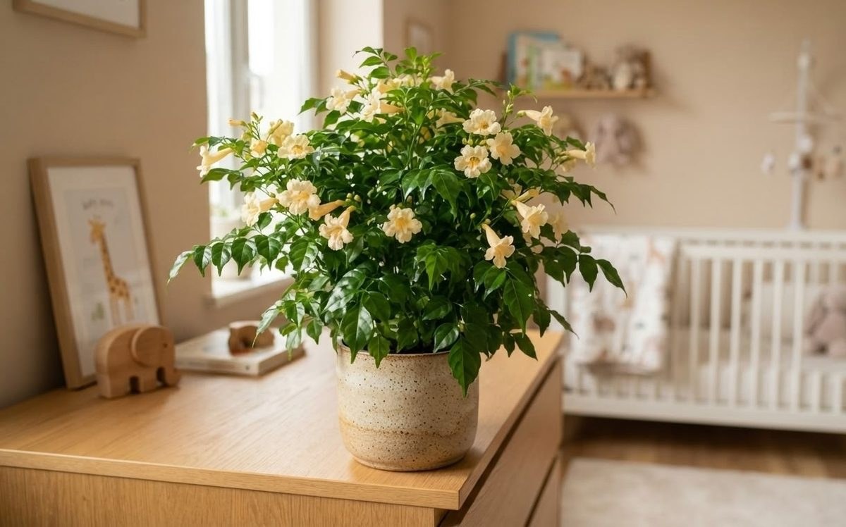 China doll plant leaves with small dark pest spots in a yellow pot