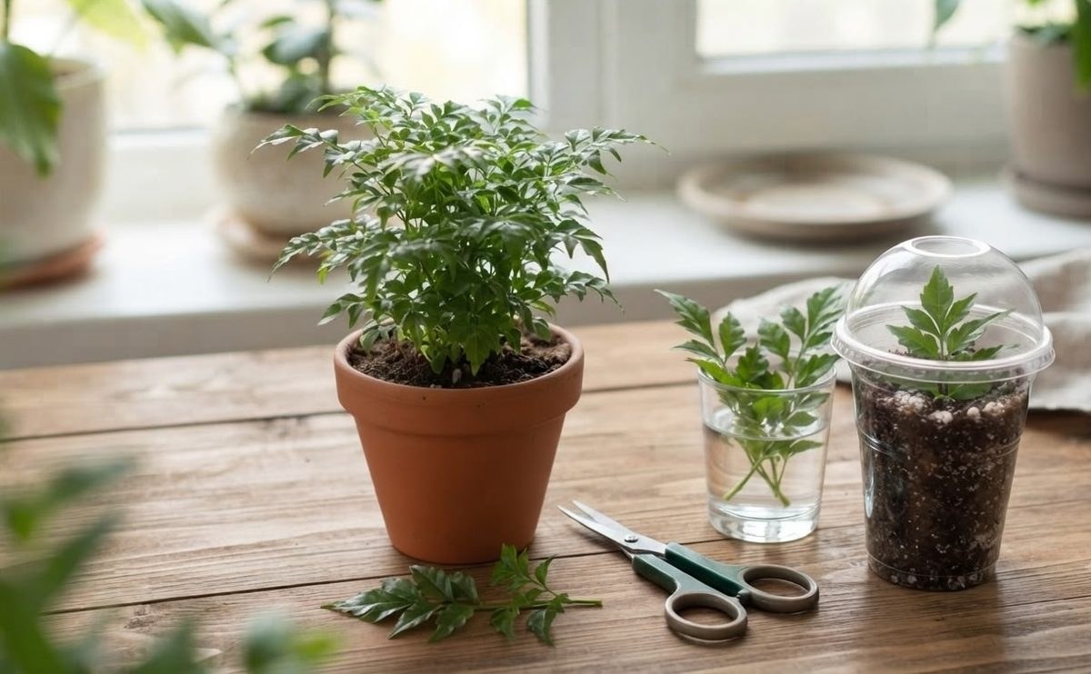 China doll plant cuttings rooting in a glass of water and a cup with soil next to a potted plant