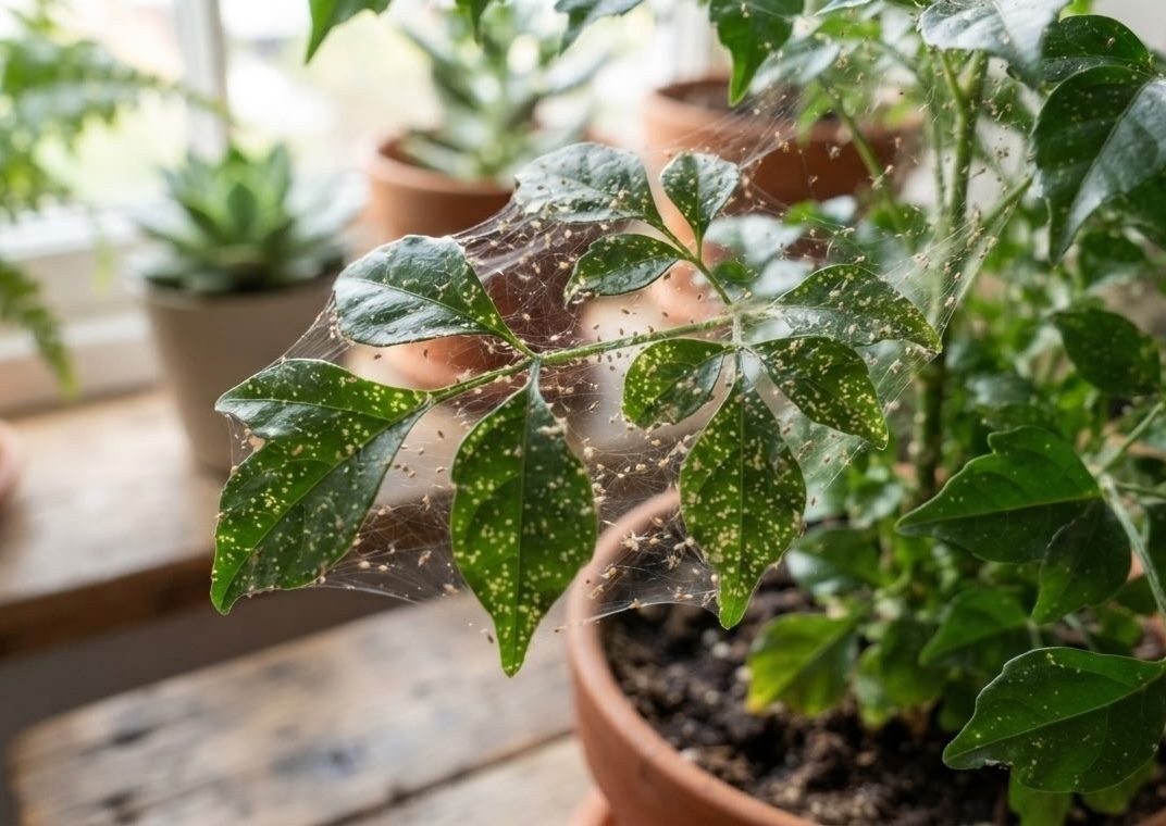 China doll plant leaves covered in fine spider mite webbing and stippling