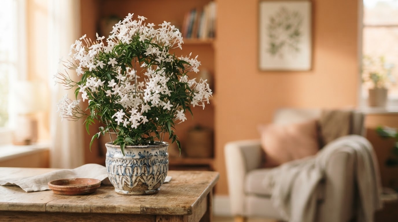 Jasminum polyanthum covered in white star shaped flowers in a blue patterned ceramic pot on a wooden table