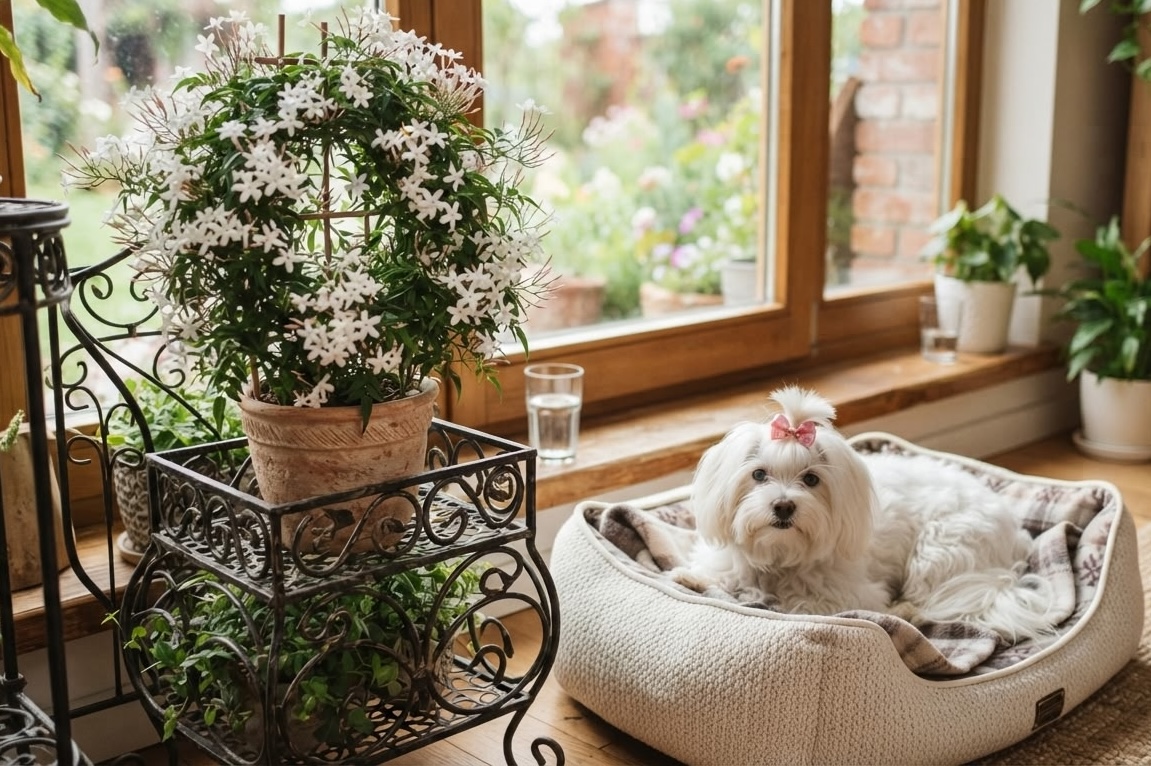 White dog lying in a pet bed next to a flowering jasmine trained on a hoop in a terracotta pot