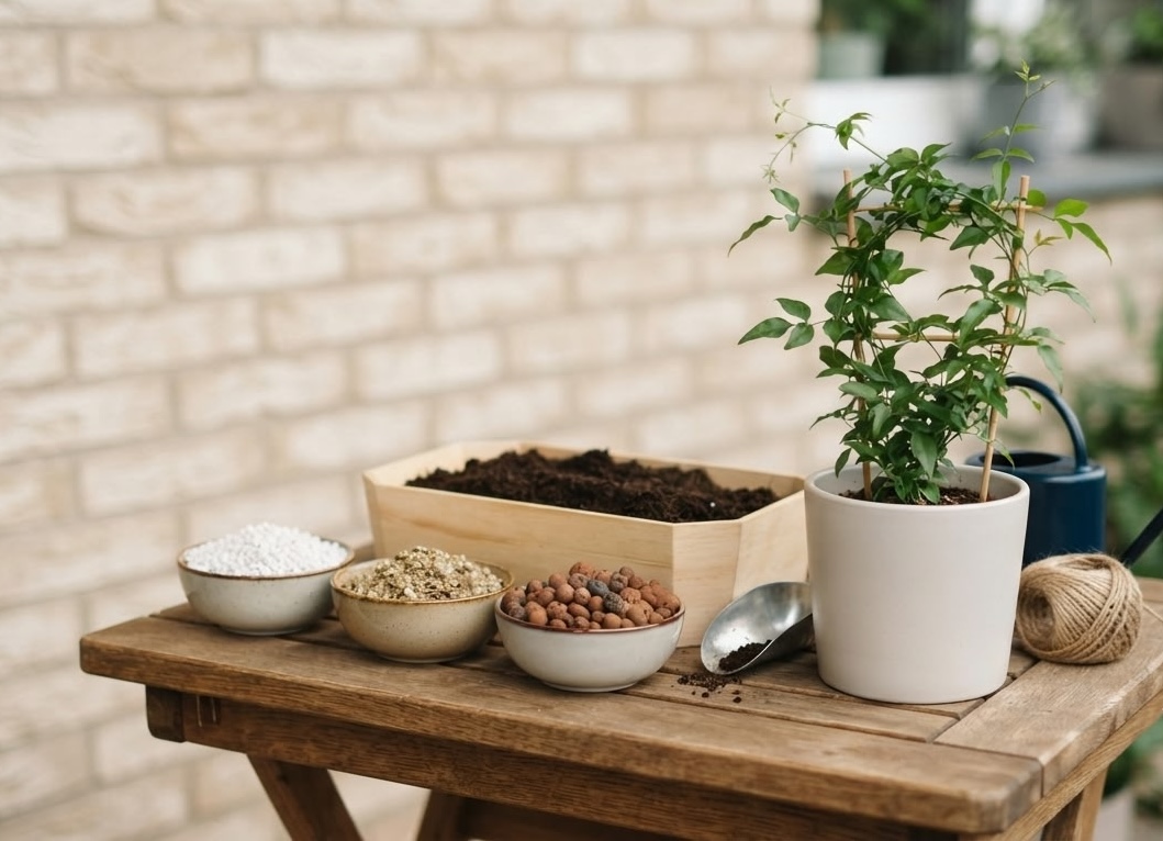 Bowls of perlite, vermiculite and clay pebbles beside potting soil and a young jasmine on a potting bench