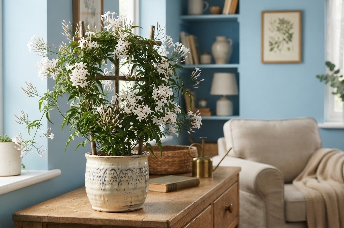 Flowering jasmine trained on a wooden hoop trellis in a ceramic pot beside a bright window