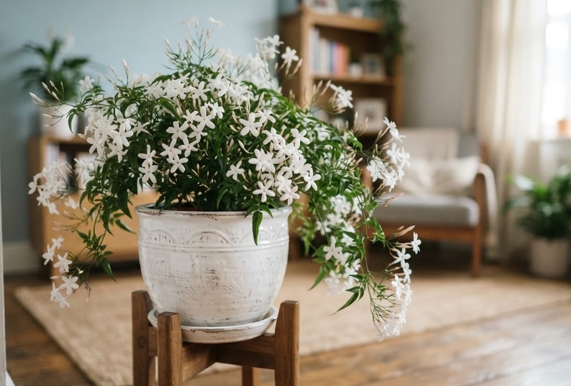 Jasminum polyanthum with masses of white star shaped flowers and narrow green leaves in a white pot