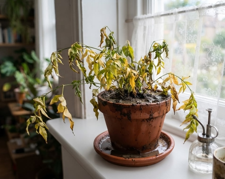 Jasmine with yellow drooping leaves in a terracotta pot standing in a saucer of water on a windowsill