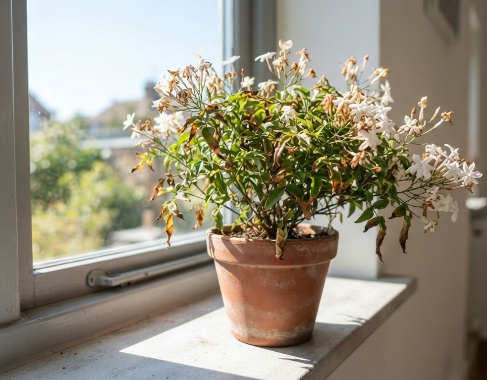 Jasmine on a sunny windowsill with faded brown spent flowers and dried leaf tips