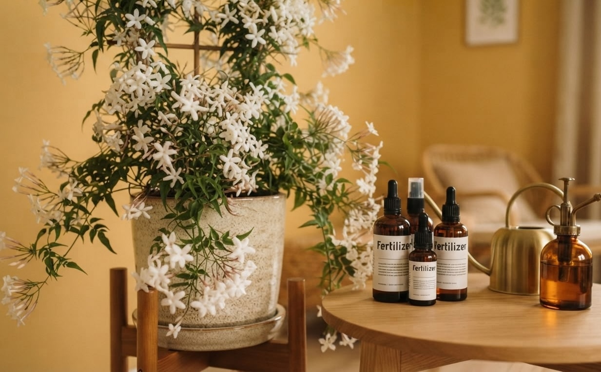 Bottles of liquid fertilizer and a watering can on a table next to a flowering jasmine plant