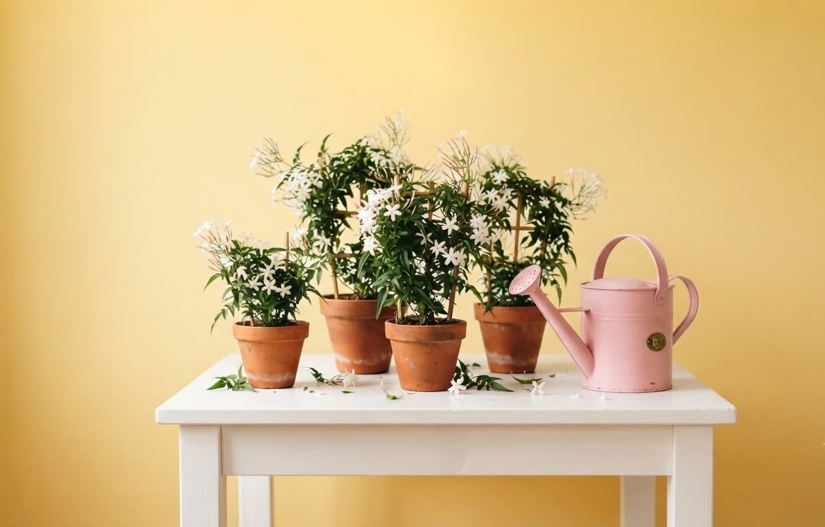 Four young jasmine plants in terracotta pots on a white table with a pink watering can