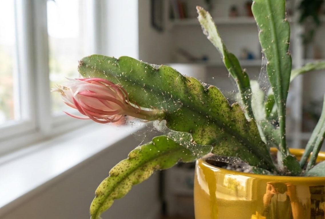 Orchid cactus with limp, yellowing leaf segments drooping over the pot rim