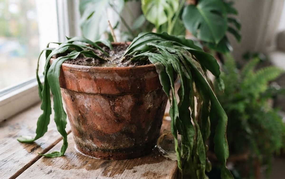 Healthy Epiphyllum orchid cactus with long trailing leaf segments in a terracotta pot, freshly watered