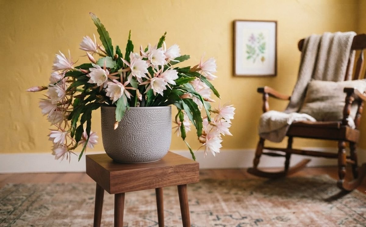 Epiphyllum orchid cactus with an open pink flower and several unopened buds growing in a terracotta pot