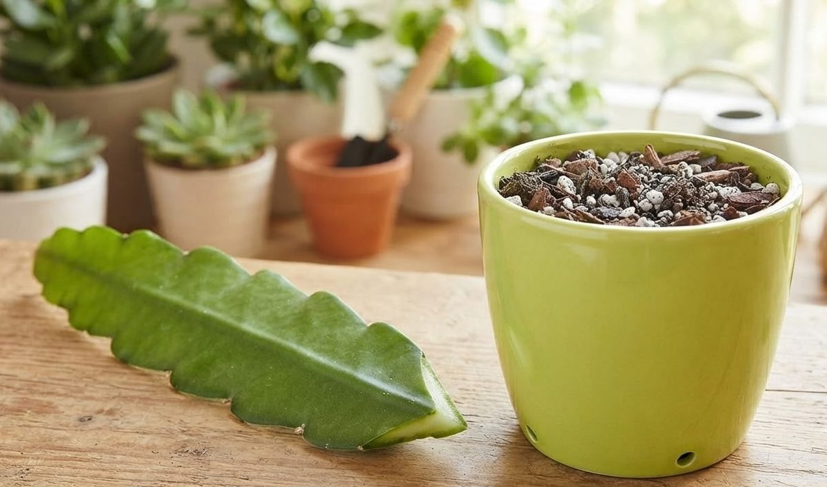 Epiphyllum leaf segment cutting beside a pot with fresh cactus soil mix