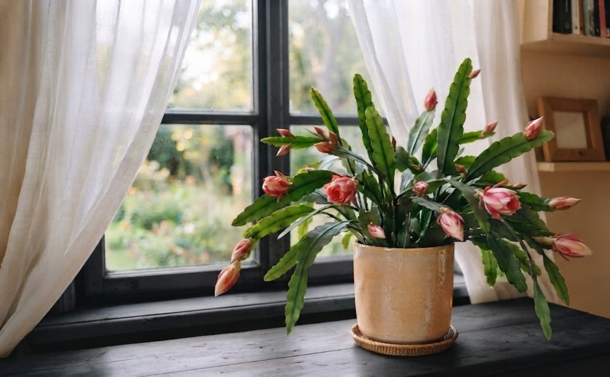Young Epiphyllum orchid cactus in a polka dot pot with visible white cottony mealybug infestation on leaf segments