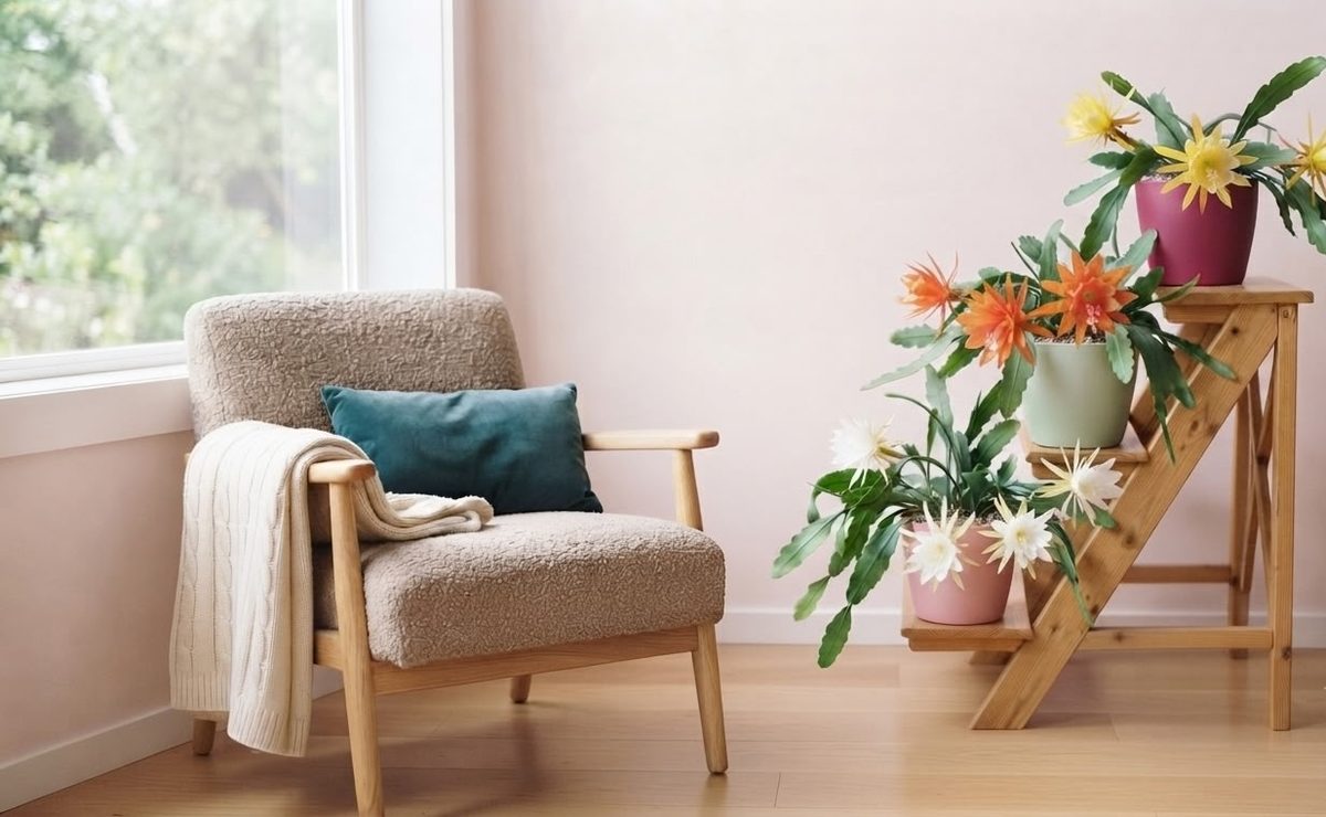 Epiphyllum orchid cactus with pale pink flowers on a windowsill with sheer curtains