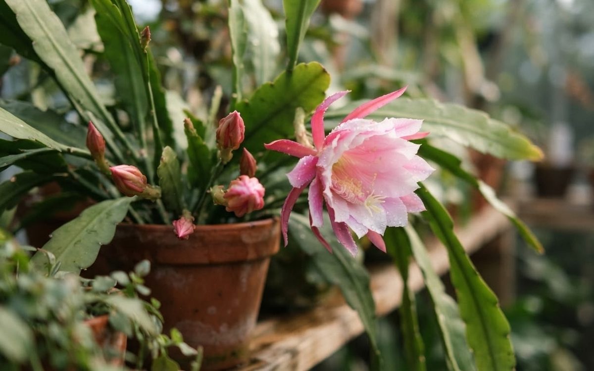 Pink blooming orchid cactus on a side table in a living room with a dog and cat resting nearby