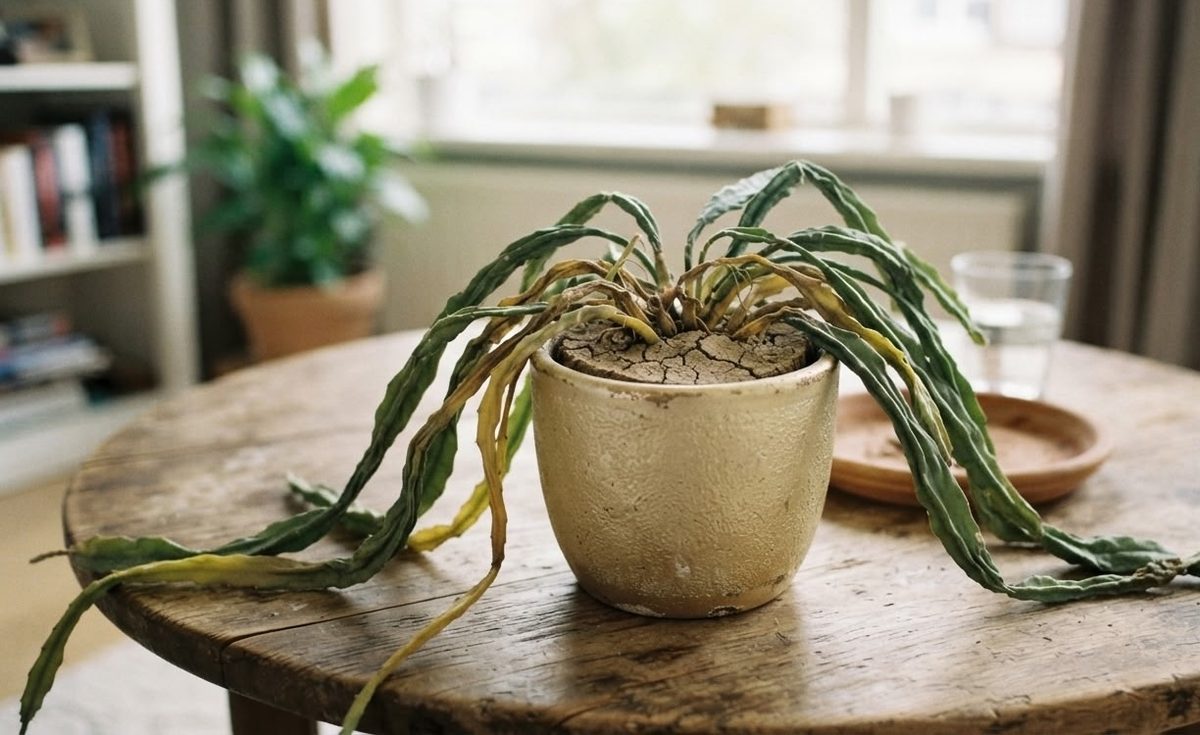 Epiphyllum leaf cutting with visible white roots next to two young orchid cactus starts rooting in pink pots