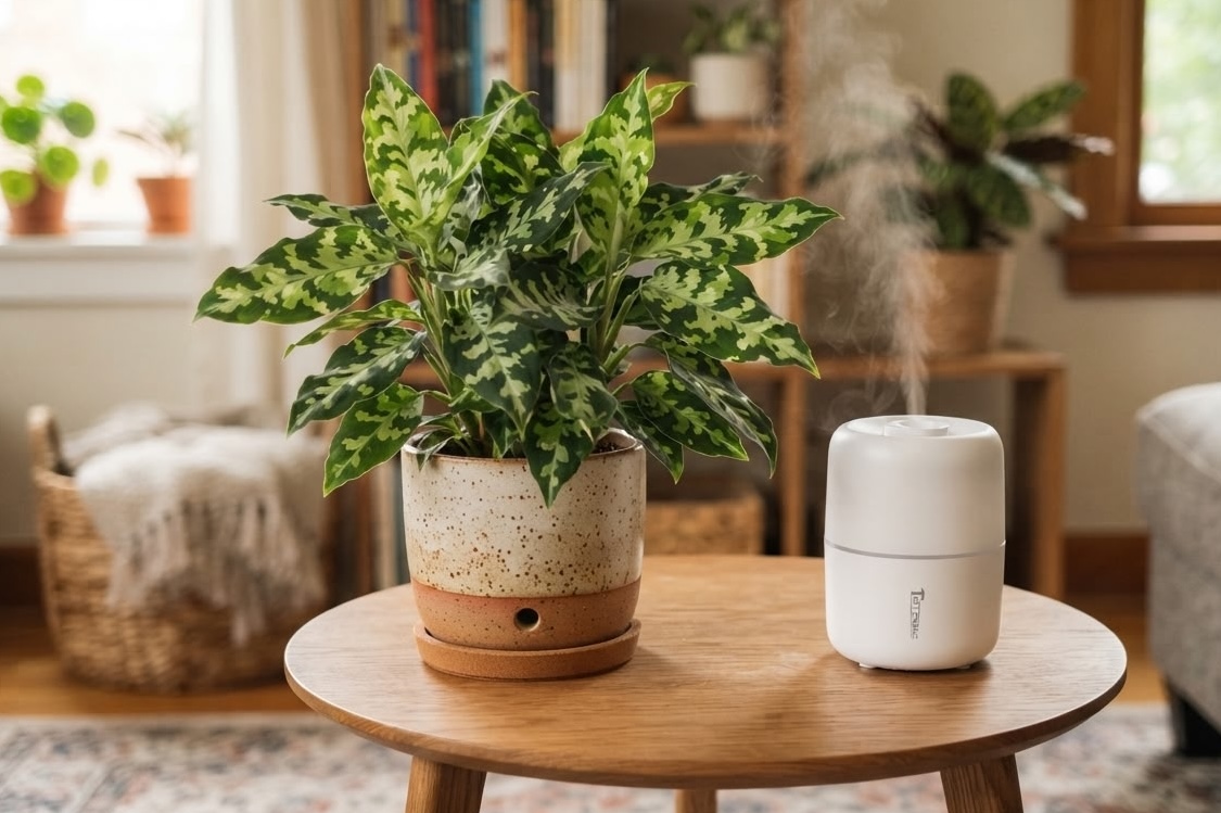 Aglaonema Pictum Tricolor in a speckled pot on a side table next to a running humidifier