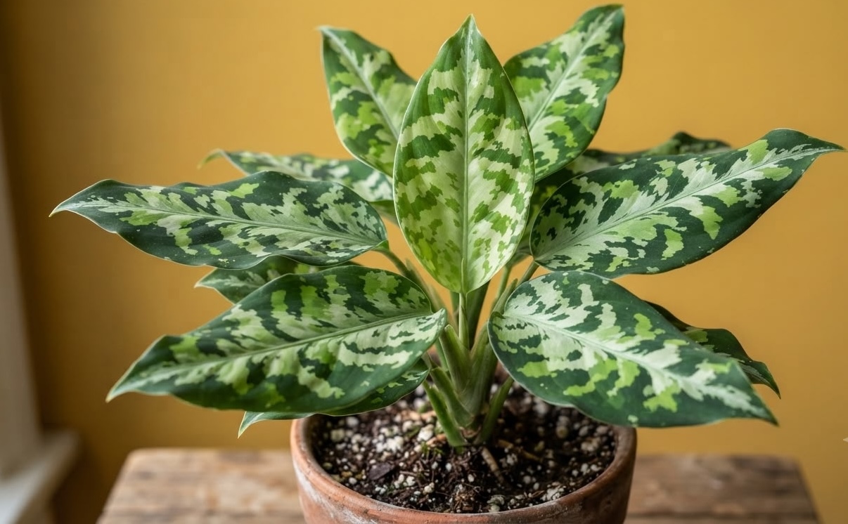 Overhead close up of Aglaonema Pictum Tricolor showing the three tone dark green, mid green and cream camouflage variegation