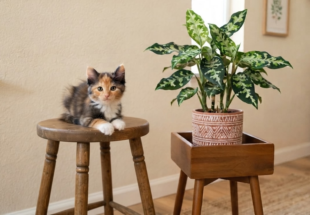 Calico kitten on a wooden stool beside an Aglaonema Pictum Tricolor in a patterned pot