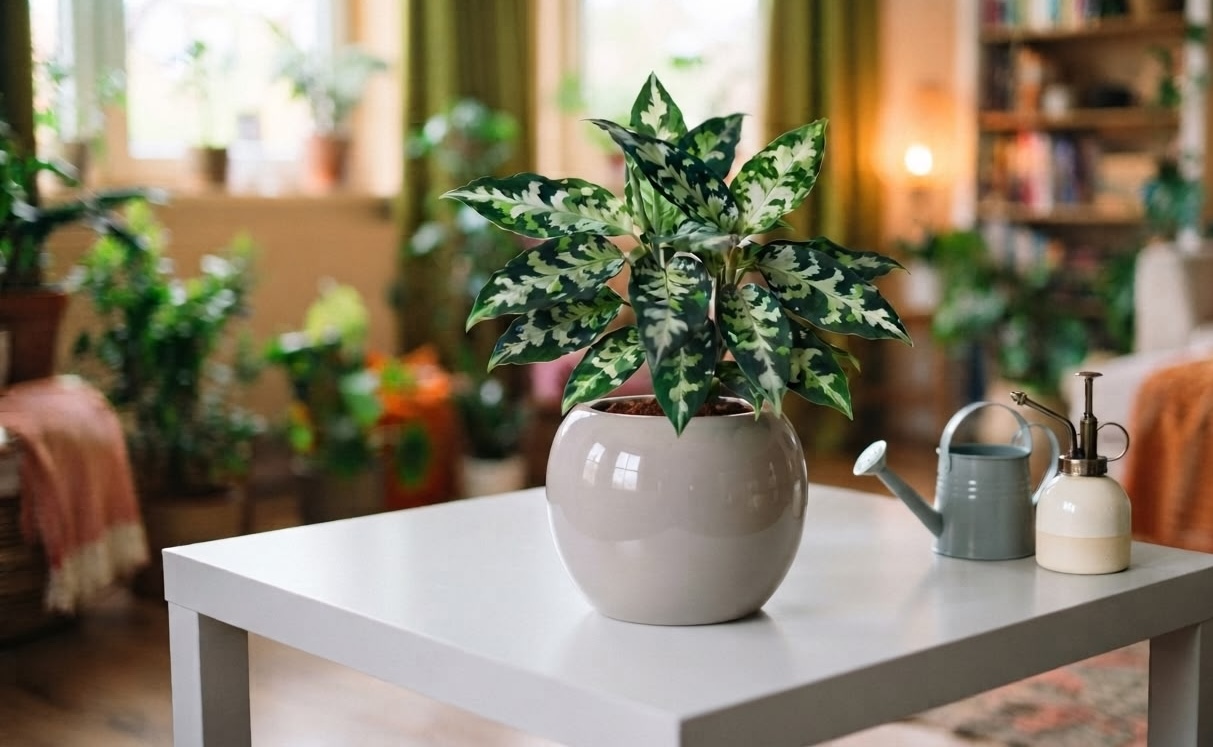 Aglaonema Pictum Tricolor in a white ceramic pot with a watering can and mister on the table