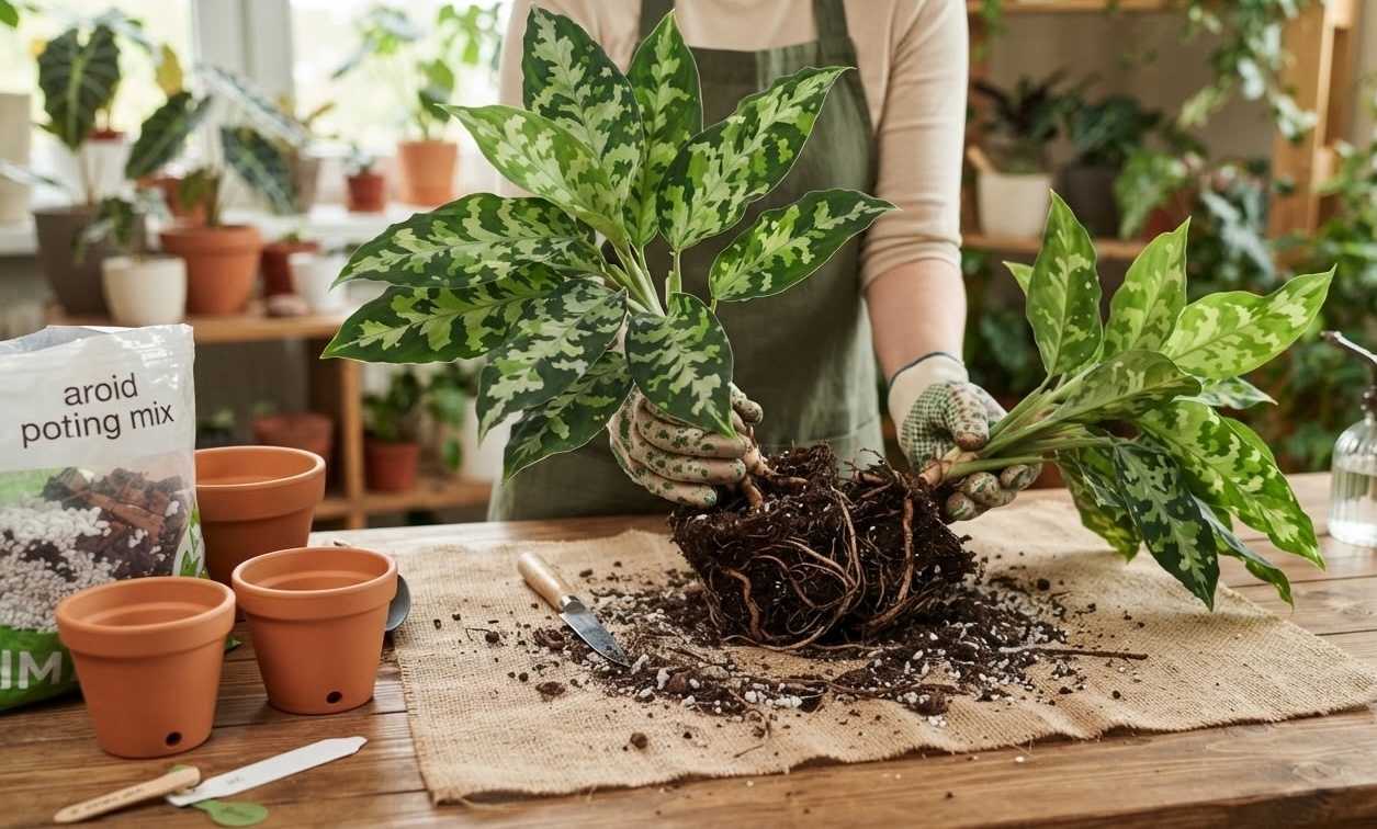 Gardener dividing an Aglaonema Pictum Tricolor root ball with aroid potting mix and terracotta pots on a work bench