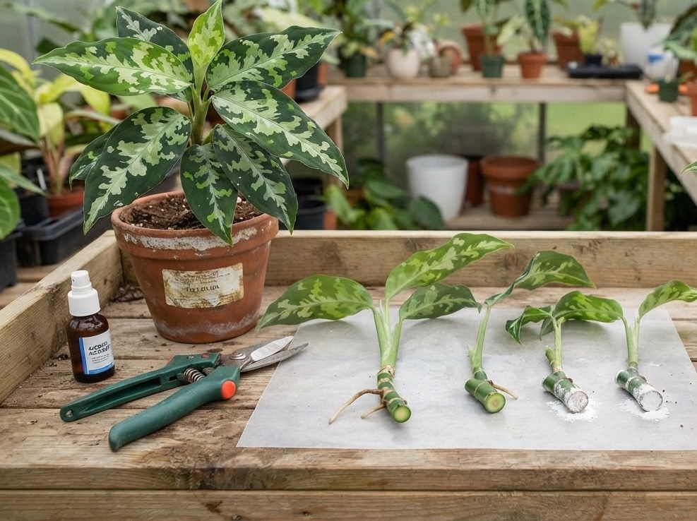 Four Aglaonema Pictum Tricolor stem cuttings laid out with pruning shears and rooting hormone on a greenhouse bench
