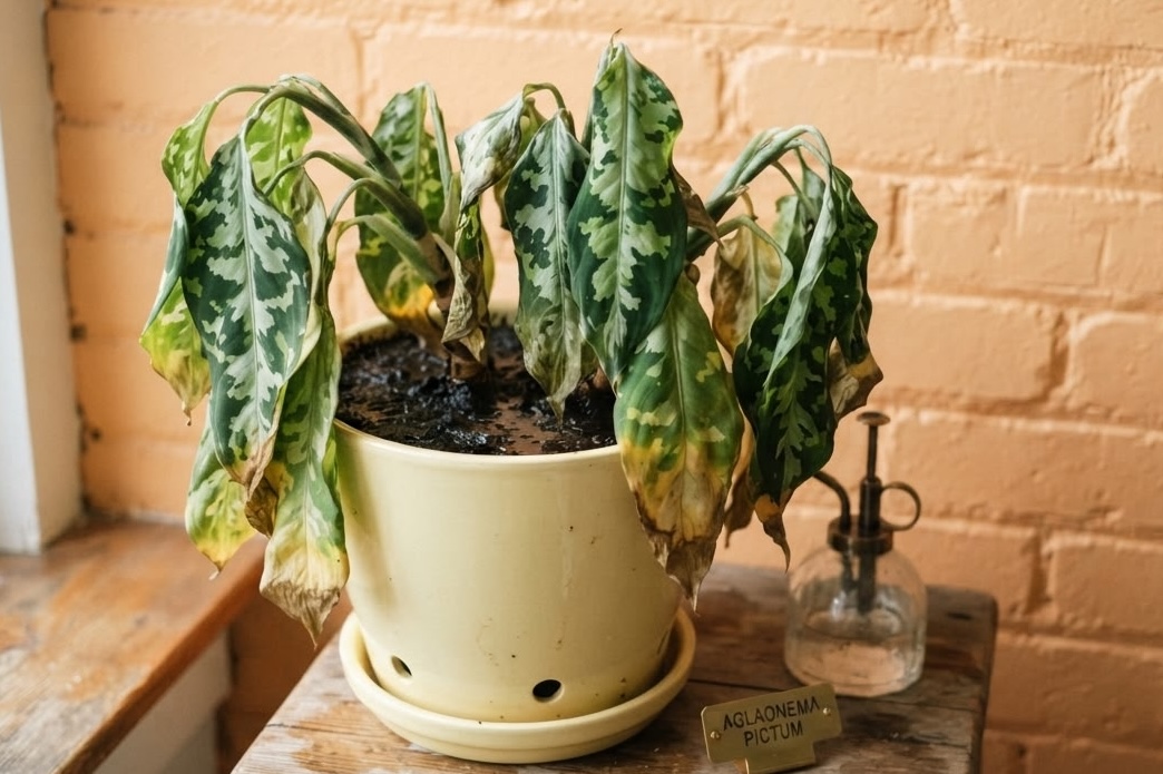 Aglaonema Pictum Tricolor with drooping yellow and brown leaves in soggy soil next to a plant label