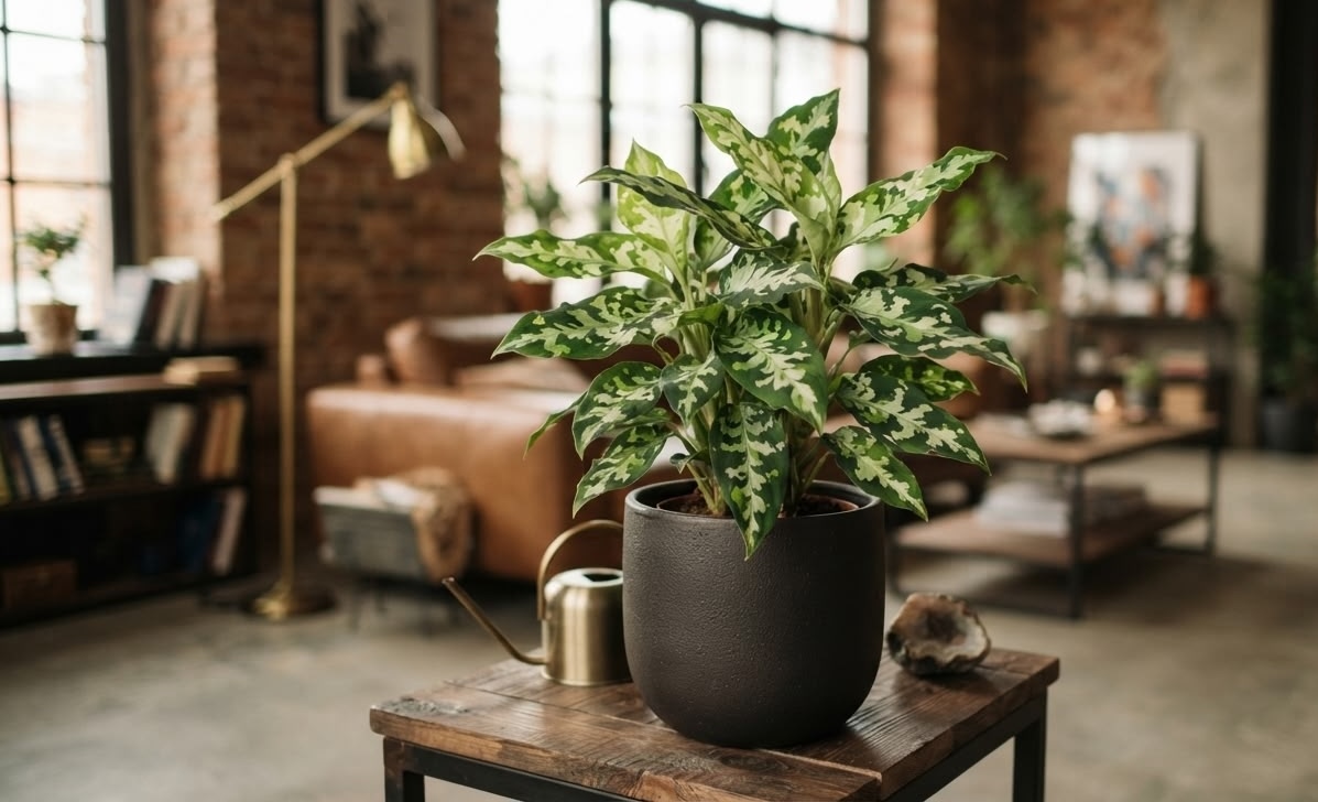 Mature Aglaonema Pictum Tricolor in a dark pot on a stool in a loft style living room